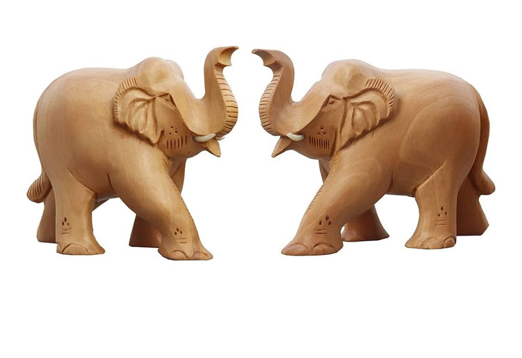 Handicrafts Natural Elephant Kadam Wood Pair Idol Statue Upper Trunk Wooden Animal Figure for Home Décor Living Room or Shelf Decoration - 2 Inches