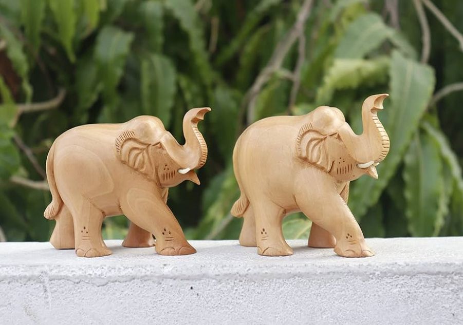 Handicrafts Natural Elephant Kadam Wood Pair Idol Statue Upper Trunk Wooden Animal Figure for Home Décor Living Room or Shelf Decoration - 2 Inches